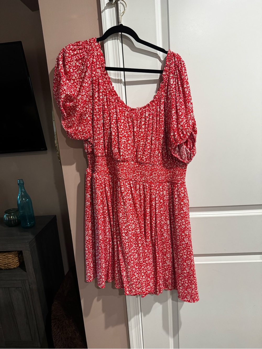 Red Floral Smocked Waist Mini Dress